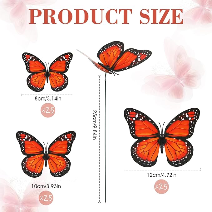 Augshy 75pcs 3D Monarch Butterfly Stakes Artificial Garden Monarch Butterfly Decorations for Day of The Dead Dia De Los Muertos Decor Halloween Party Supplies (3 Size)