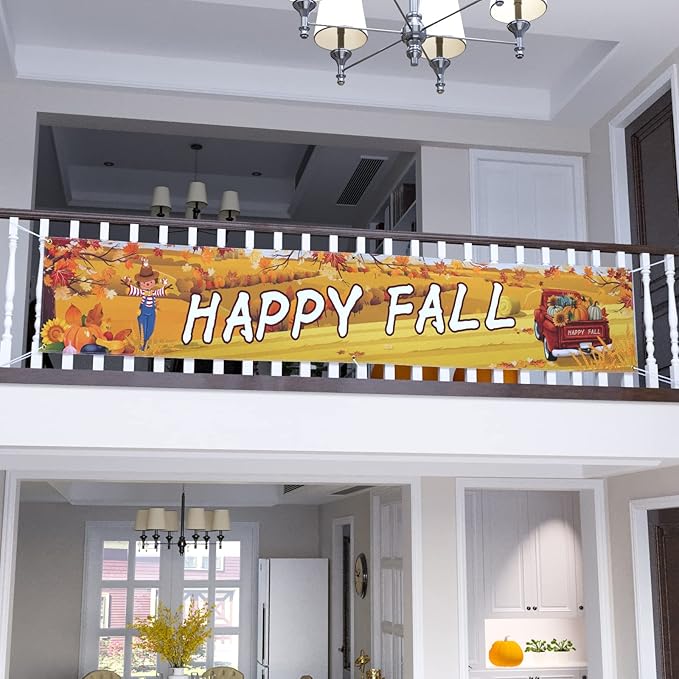 Probsin Happy Fall Banner 120"x 20" Decorations Outdoor Thanksgiving Decor Autumn Yard Signs Party Supplies Red Truck Pumpkin Holiday Harvest Welcome Hanging Backdrop for Garden Fence Yard Lawn Porch