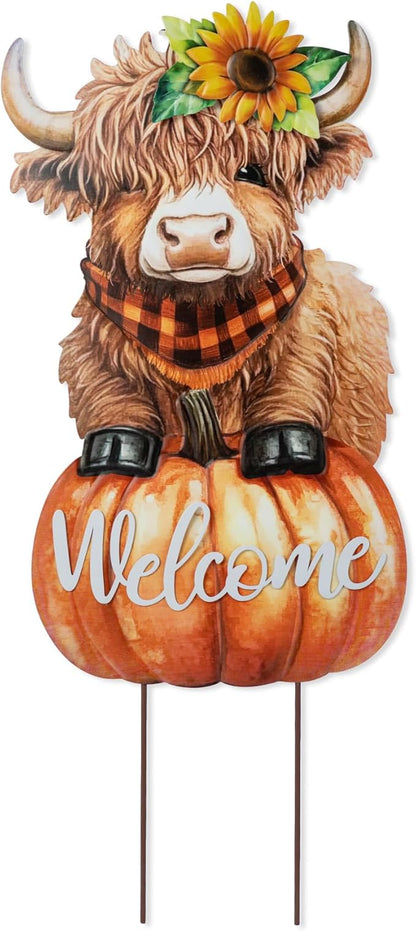 Glitzhome Fall Thanksgiving Yard Stake Decorations for Outdoor, 29.75" H Thanksgiving Metal Highland Cow Yard Stake or Wall Décor, Fall Garden Stakes for Patio Pathway Autumn Harvest Decorations