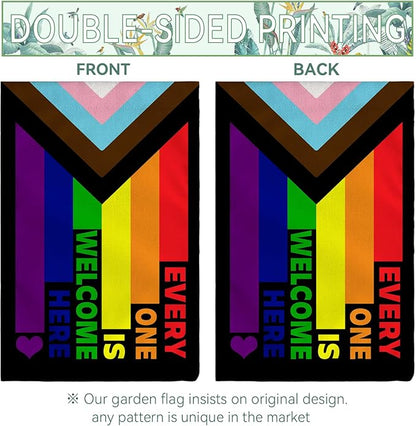 Progress Pride Rainbow Garden Flag Every One Is Welcome Here Yard Flag LGBTQ Gay Lesbian Bisexual Non Binary Transgender House Flag All Inlcusive Vivid Color Garden Flags 12x18 Inch