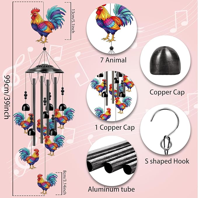 Chicken Wind Chimes for Outside - Chicken Gifts Rooster Decor for Women Men Mothers Day Christmas Housewarming Gifts, Coloful Metal Wind Chimes for Outdoor Garden Yard Decor