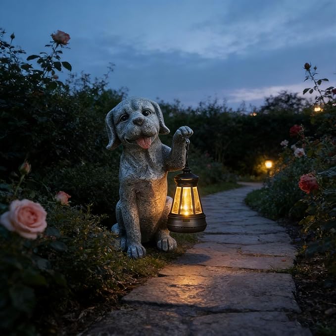 Dog Statue Garden with Solar Lantern - Ideal Gifts for Outdoor Patio, Figurine for Dogs – Gift for Mom, Grandma, Dog Lovers,Birthdays Housewarming Present