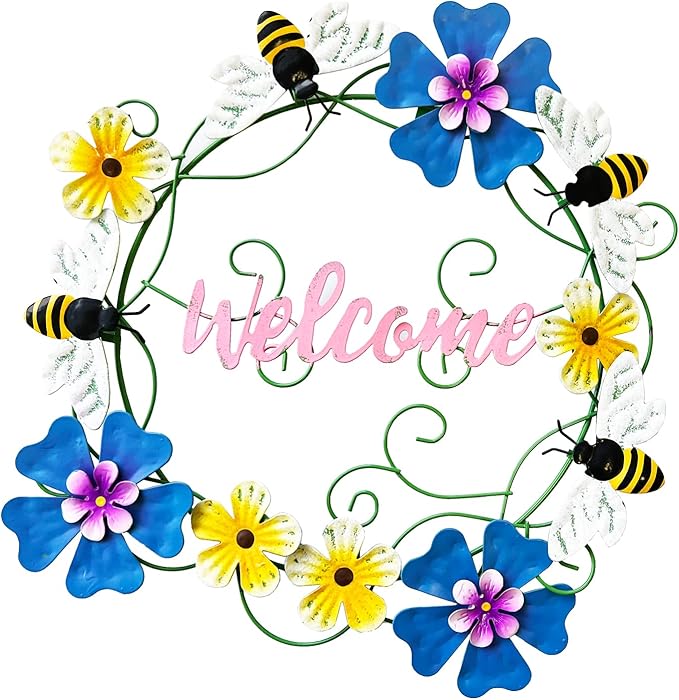 Metal Honey Bee Hanging Welcome Signs Wall Decor Front Door Wreath Garden Fence Patio Porch Yard Spring Indoor Outdoor Decorations 13''H