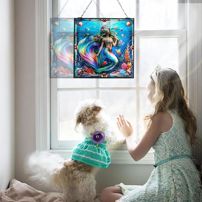 Mermaid Stained Glass Window Hanging Sun Catcher Halloween Haning Ornament Decoration Christmas Birthday Gifts for Lover and Mother's Day 20cm/7.87inch