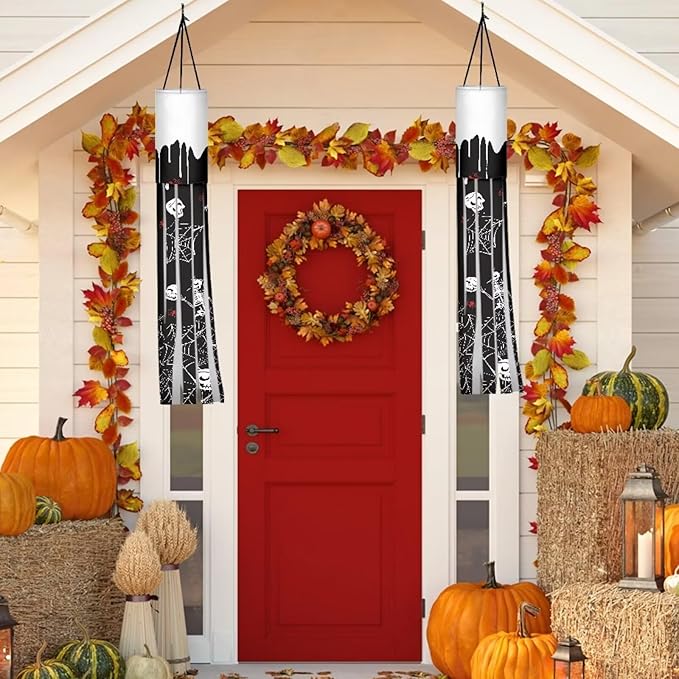 Skull Spider Web Hanging Windsock Lightweight Machine Washable Easy to Assemble Fabric Durable Outdoor Halloween Spooky Ghost Decoration 2 Pieces