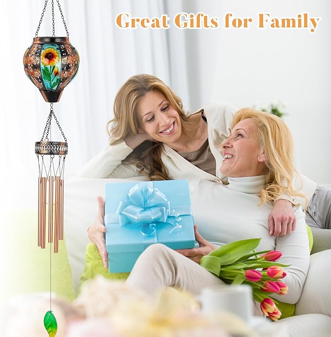 Solar Wind Chimes for Outside,Sunflower Hanging Wind Chime,LED Solar Lanterns Windchimes,Memorial Wind Chimes for Mom Women,Outdoor Wind Chime Deep Tone,Sunflower Windchime for Garden Yard