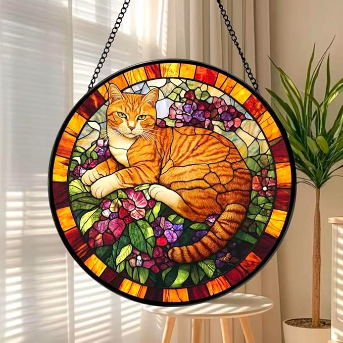 Funoasis Stained Glass Window Hanging Suncatcher, 6.3 Inches - Orange Cat on Purple Flowers, Unique Home Decor for Living Room/Dining Room, Perfect Birthday/Mother's Day for Women
