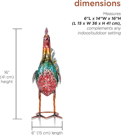 Alpine Corporation 16" Tall Outdoor Metal Standing Rooster Statue with Vibrant Design, Garden Decor, Metallic Red
