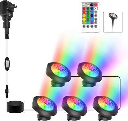 RGB Pond Lights with Timer,18 LED Underwater Submersible Fountain Lights,Remote Control IP68 Waterproof Color Changing Spotlights for Fish Aquarium Tank Yard Garden Pool (Set of 5)