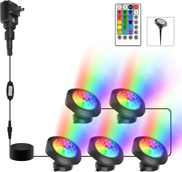 RGB Pond Lights with Timer,18 LED Underwater Submersible Fountain Lights,Remote Control IP68 Waterproof Color Changing Spotlights for Fish Aquarium Tank Yard Garden Pool (Set of 5)