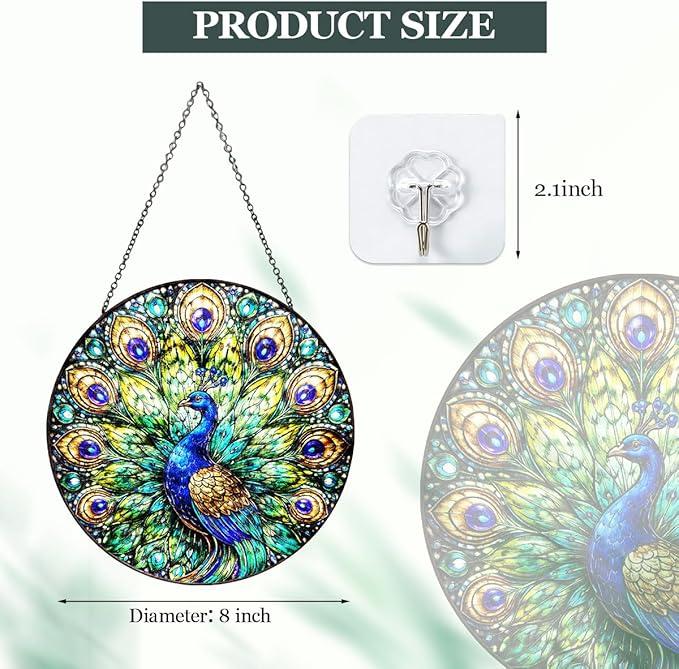 Peacock Stained Glass Window Hanging – Round Bird Suncatcher with Chain, Colorful Glass Ornament for Living Room Bedroom Home Garden Decor Gift, 8 Inch