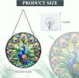Peacock Stained Glass Window Hanging – Round Bird Suncatcher with Chain, Colorful Glass Ornament for Living Room Bedroom Home Garden Decor Gift, 8 Inch