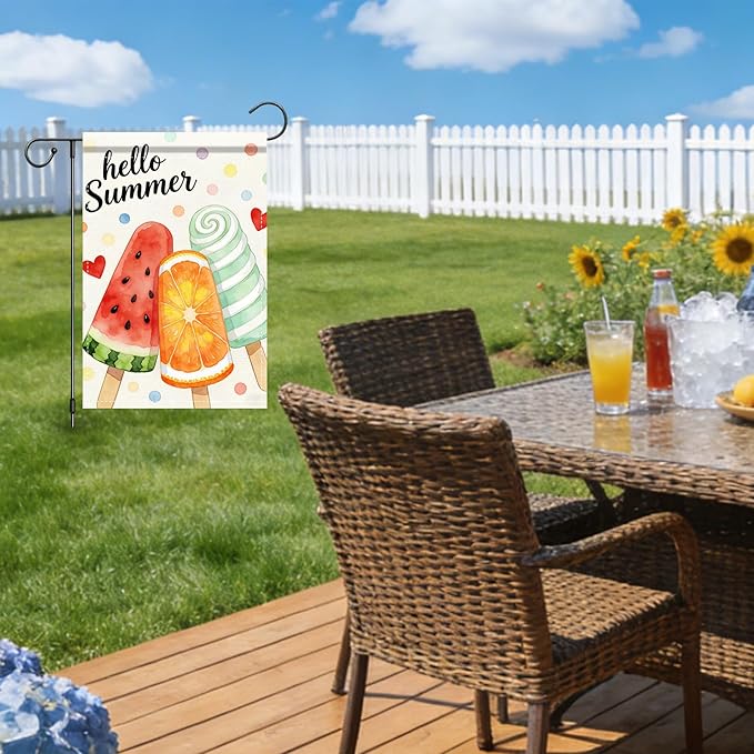 Nuxovilar Summer Garden Flag Hello Summer Popsicle Watermelon Orange Pattern Polyester 12x18 Inches Garden Flags for Outside Colorful Decor Yard Porch Lawn