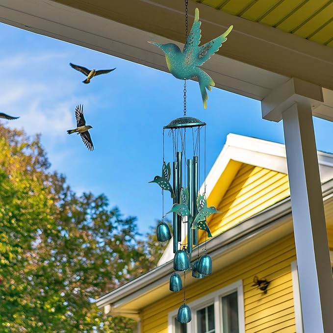 HONGLAND Wind Chimes for Outside,34" Hanging Metal Hummingbird Windchimes Outdoor,Unique Memorial Wind Chimes for Mom/Grandma,Home Decorative Ornaments for Garden, Patio, Yard Decor - Blue