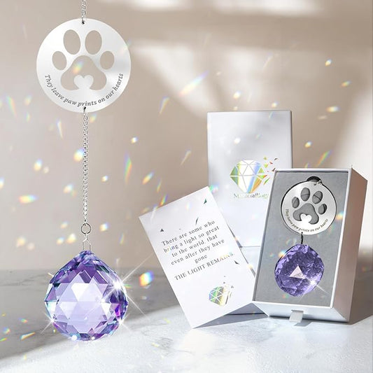 Mooncraftlogy Dog Memorial Gifts, Unique Loss of Pet Sympathy Idea, Purple Crystal Ball Rainbow Suncatcher with Paw Print for Cat or Dog Remembrance and Bereavement