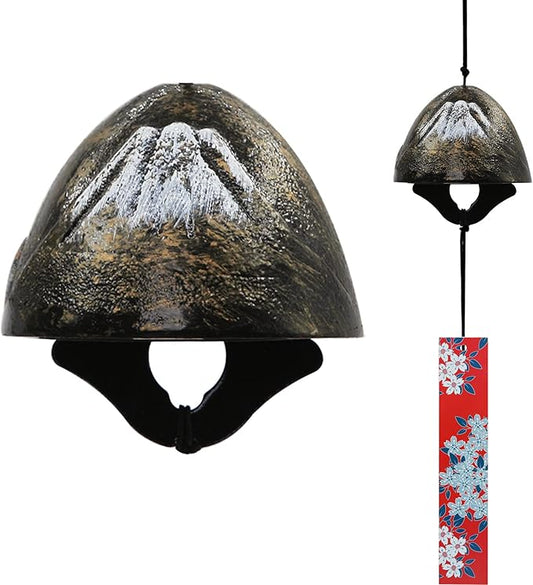 Japanese Wind Chime Cast-Iron Outdoor Ornament for Garden, Patio & Balcony, Hanging Metal Wind-Bell Decoration Gift, Blessing Pendant Windchimes & PVC Wind-Catcher, Mt. Fuji - Bronze