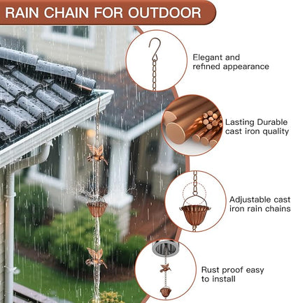 Solid Rain Chain for Gutters – 8.5ft Cast Iron Rain Catcher Chain, Decorative Rain Chimes Outside with 12 Cups & Hummingbird Decor