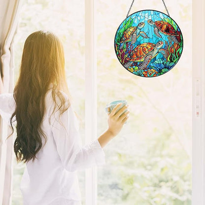 Sea Turtle Stained Glass SunCatcher Window Hanging Sea Turtle Gifts for Women Handmade Sun Catcher Decoration for Home Decor Gifts for Ocean Lover Sea Life Decor 7.87inch