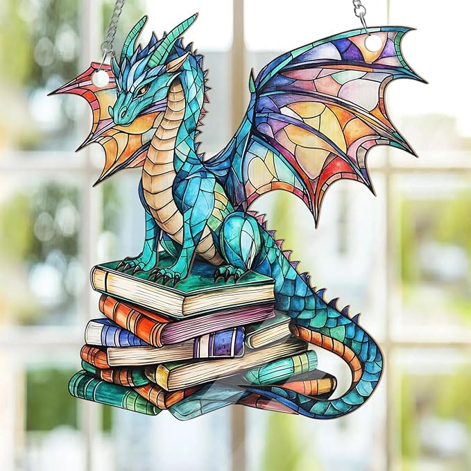 Jesuspirit - Window Hanging Suncatcher – Crystal Clear Acrylic & Wood Sun Catcher for Home Decor, for Women (Stained Glass Book Dragon, 8 Inches)