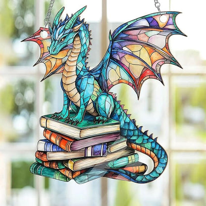 Jesuspirit - Window Hanging Suncatcher – Crystal Clear Acrylic & Wood Sun Catcher for Home Decor, for Women (Stained Glass Book Dragon, 8 Inches)