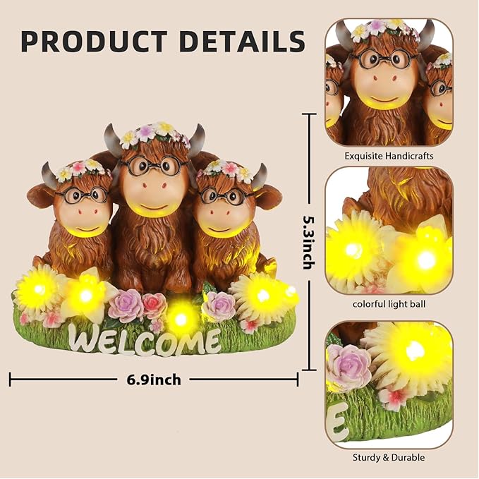 Highland Cow Decor Solar Garden Statue 5.3",Funny Resin Cow Family Figurine with Glasses & Welcome Sign,Cute Farmhouse Outdoor Yard Art for Patio Porch Lawn,Housewarming Birthday Gifts for Women Mom