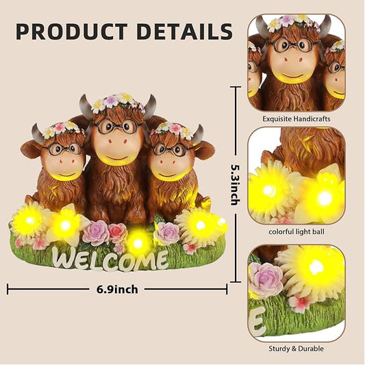 Highland Cow Decor Solar Garden Statue 5.3",Funny Resin Cow Family Figurine with Glasses & Welcome Sign,Cute Farmhouse Outdoor Yard Art for Patio Porch Lawn,Housewarming Birthday Gifts for Women Mom