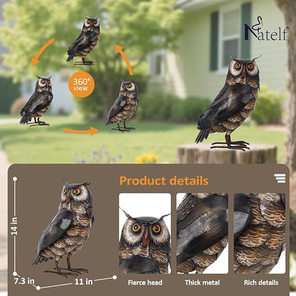 Natelf Garden Owl Sculptures & Statues, Standing Metal Bird Yard Art Sculpture for Patio Backyard Pond Outdoor Decorations
