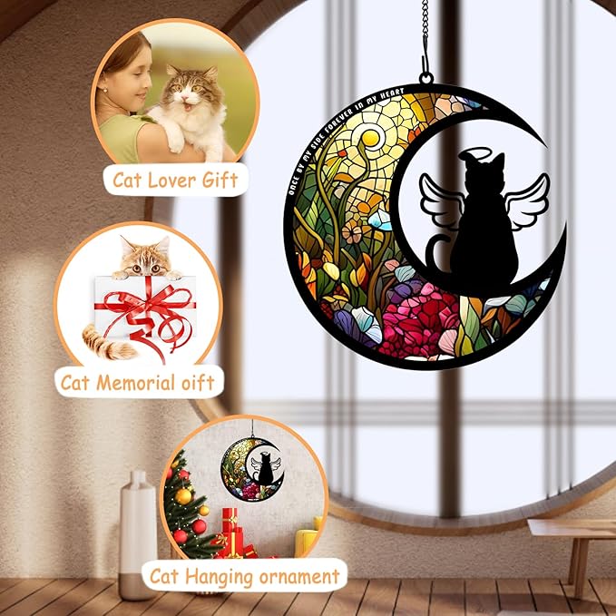 BamLue Cat Memorial Suncatcher for Windows Memorial Ornament, Pet Sympathy Gift to Memorialize The Loss, Angel Cat Sun Catchers with Personalized Decorations in Loving Memory for Loss