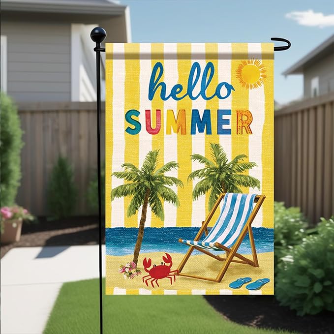Hello Summer Garden Flag Beach Palm Tree Chair Coastal Outdoor Yard Porch Lawn Garden Decor for Tropical Seaside Patio Cottage Farmhouse Seasonal Summer Home Display