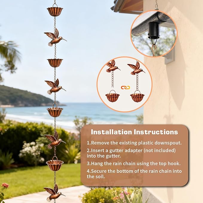 7.9FT Rain Chain for Gutters, Rain Chains with 7 Cups & 8 Decorative Bird Accent, Adjustable Rain Catcher Chain for Eaves Drainage, Functional & Decorative Replacement for Gutter Downspout