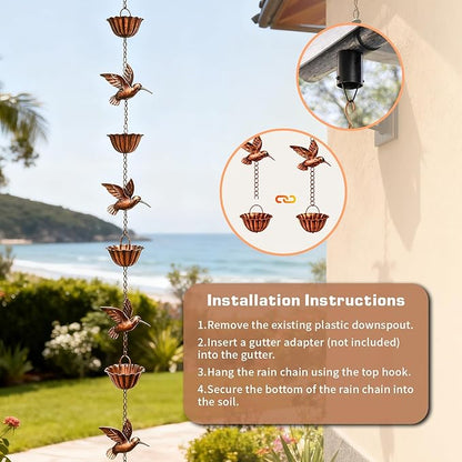 7.9FT Rain Chain for Gutters, Rain Chains with 7 Cups & 8 Decorative Bird Accent, Adjustable Rain Catcher Chain for Eaves Drainage, Functional & Decorative Replacement for Gutter Downspout