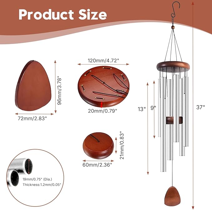 Aluminum Wind Chimes for Outdoor Garden and Yard with Soothing Deep Tones, Creates a Peaceful Ambiance with Sophisticated Wind Catcher, Ideal Calming Gift for Families (Silver, 37 Inches)