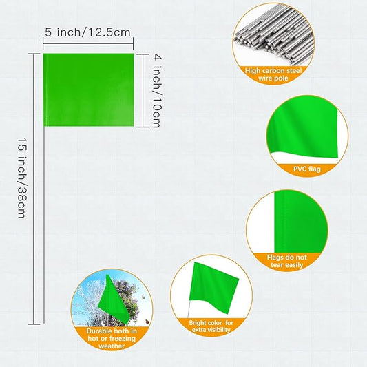 IKAYAS 4 * 5 * 15 Inch Marking Flags for Lawn - 50 Pack PVC Green Small Yard Survey Irrigation Landscape Markers