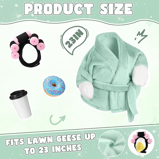 Porch Goose Outfits for 23 Inch Lawn Goose Statue, Green Bathrobe Clothes with Hair Curlers, Coffee Cup & Donut Accessories for Funny Spa Yard Garden Patio Decor