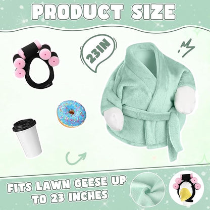 Porch Goose Outfits for 23 Inch Lawn Goose Statue, Green Bathrobe Clothes with Hair Curlers, Coffee Cup & Donut Accessories for Funny Spa Yard Garden Patio Decor