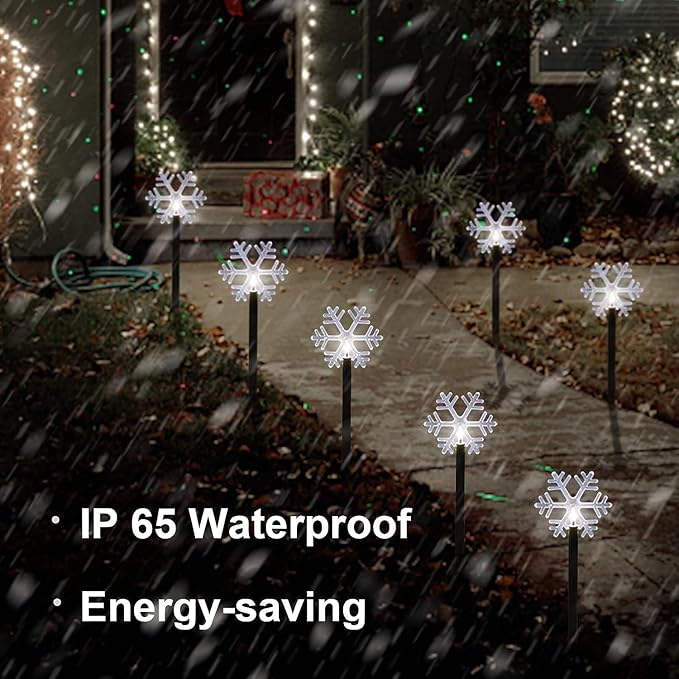 Christmas Snowflake Pathway Lights, 5 Pack Solar Christmas Stake Markers with Cool White Fairy Lights for Outdoor Holiday Walkway Patio Garden Decoration