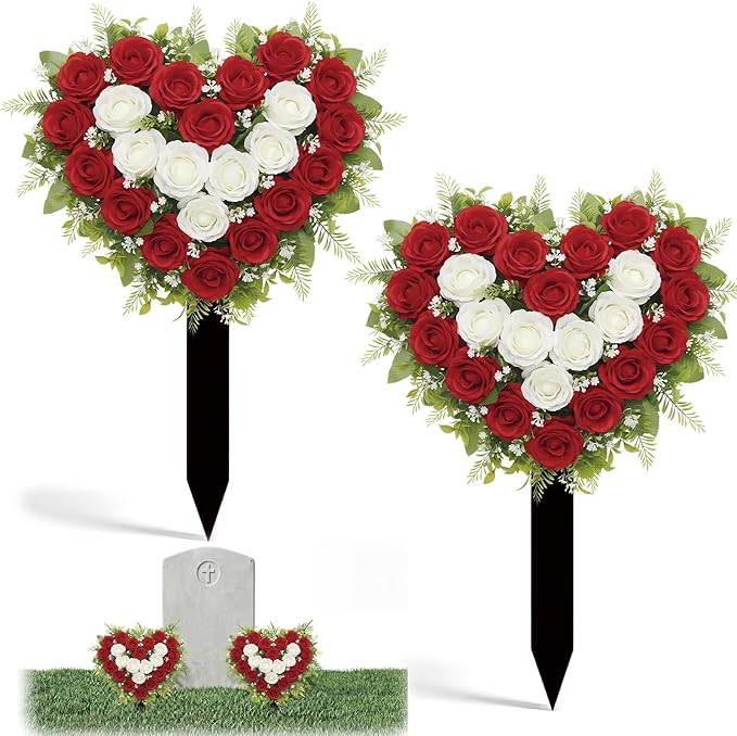 Frienda 2 Sets Cemetery Flowers Grave Stake Metal Floral Decor for Tombstone, Outdoor Gravesite Markers for Mom Dad, Memorial Day Spring Easter Grave Decor(Heart,Red,White)