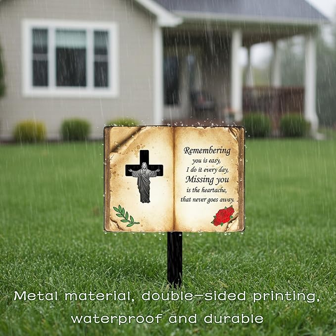 Jesus Bible Grave Marker - Thickened Metal Memorial Stake with Poem - Sturdy Cemetery Decorations, Mother’s Day (Bible)