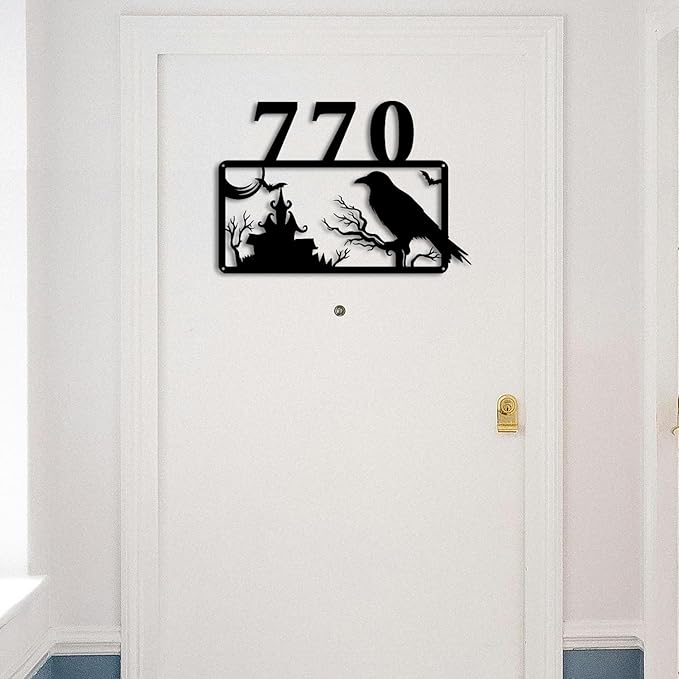 Personalized Gothic House Number metal Signs,Custom Address Number Metal Wall Art Decor,Black Plaques Outdoor wall Decorative Signage,Shed(8-30 Inches) (Crow C)