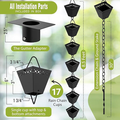 Rain Chain Kit w/Adapter & Extension | Black Powder Coated Rain Chains for Gutters 10 ft | Rain Chain | Gutter Chain Downspout | Rain Chains for Outside | Rain Catcher | Rain Chimes