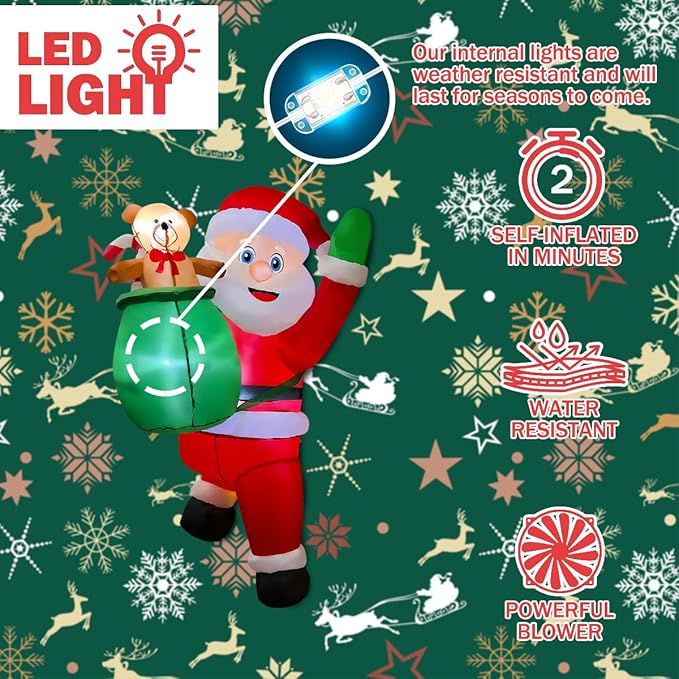 BLOWOUT FUN 4FT Christmas Inflatable Hanging Santa with Gift Bag Decorations, Blow Up Climbing Santa with Build-in LED for Xmas Party, Outdoor, Yard, Garden, Lawn Winter Decoration