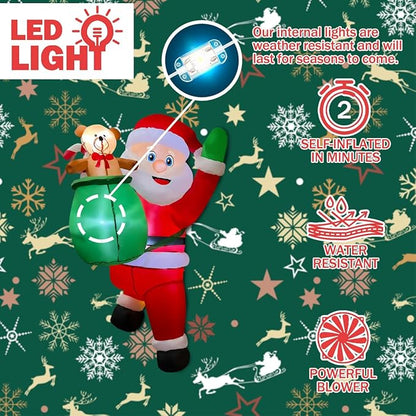 BLOWOUT FUN 4FT Christmas Inflatable Hanging Santa with Gift Bag Decorations, Blow Up Climbing Santa with Build-in LED for Xmas Party, Outdoor, Yard, Garden, Lawn Winter Decoration