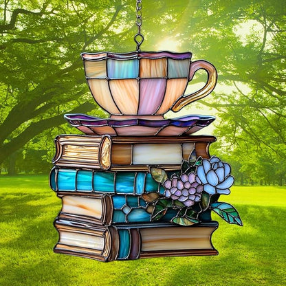 Flowers Book and Tea Acrylic Suncatcher Stained Glass Effect Window Car Hanging Christmas Ornament Indoor Outdoor Decor Garden Sun Catcher Panel for Book Lover for Women Mom Grandma