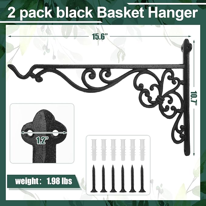 Landhoow 2 Pcs 15.6" Large Cast Iron Hanging Outdoor Wall Hanger Black Heavy Duty Basket Hook Braces Vintage Decorative Shelf Garden Planter Flower Hook for Pot Lantern Wind Chime Hummingbird Feeder