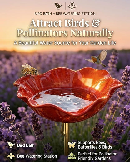 Handmade Metal Flower Garden Stakes Bird Bath Bee Watering Station for Garden Outside Pollinators Birdbaths Bowl for Decorative Outdoors Yard Art Hummingbird Fountain Butterfly Water Feeder Gift(4pcs)