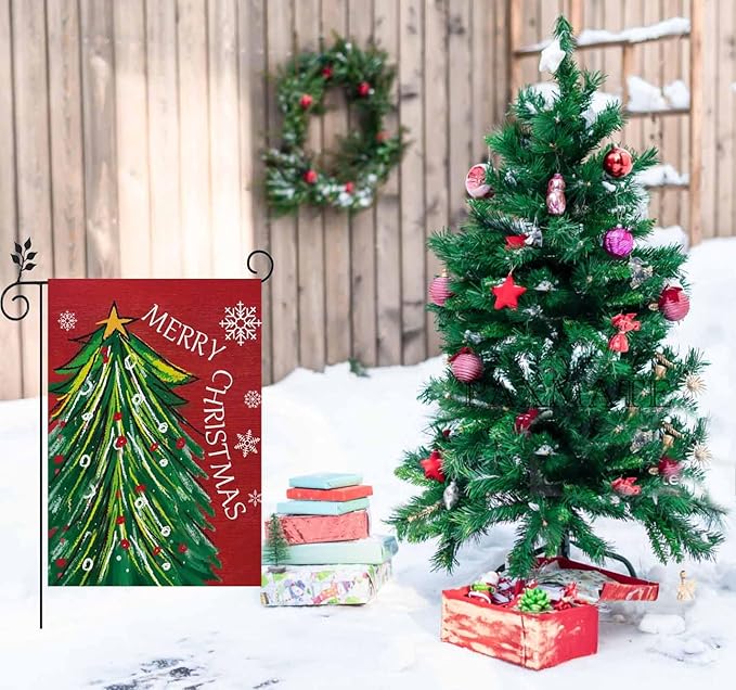 Merry Christmas Garden Flag 12x18 Inch Double Sided, Christmas Tree Xmas Winter Yard Outdoor Flag for Holiday Seasonal Decoration