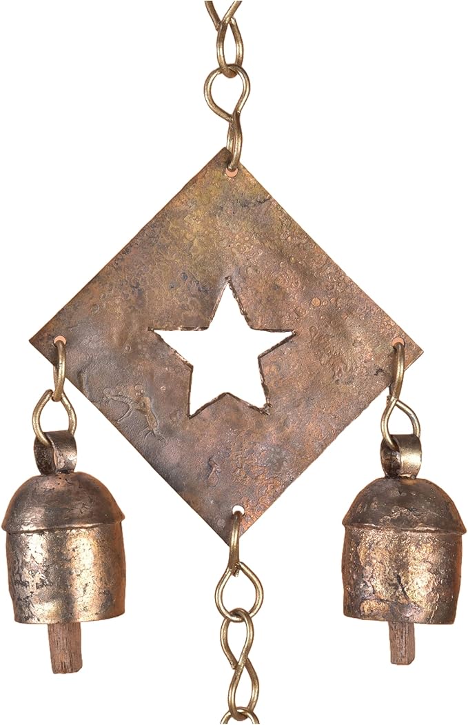 Rustic Metal Wind Chime – Triple Diamond Star Cutouts with Bells – Bronze Outdoor Garden Decor – Wind Chimes for Outside, Porch, Yard, Balcony, Memorial or Garden Gift 19 x 4.5 Inch