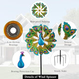 Wind Spinners Outdoor Peacock, 63 Inch Double-Sided Garden Windmill for Yard with 8 Green Feather Blades, Large Metal Garden Wind Spinner