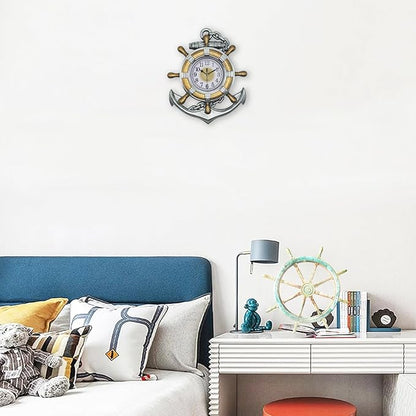 Anchor Outdoor Clock, Nautical Ship Wheel Rudder Wall Clock, Beach Sea Style Decorative Clock for Patio, Pool, Porch (Vintage Silver + Bronze)