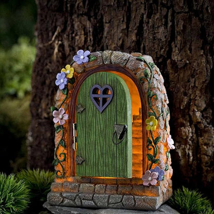 FitBest Fairy Garden Doors Decoration, Solar Miniature Door Sculpture, Outdoor Garden Statue for Tree Yard Lawn Patio Ornament Decoration